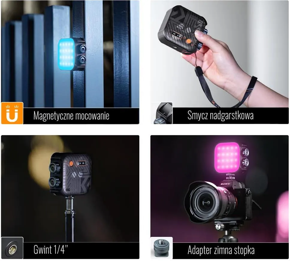 Kompaktowa lampa nakamerowa nałożona na aparat systemowy za pomocą adaptera
