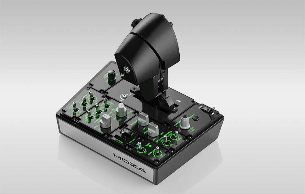 Panel przepustnicy Moza MTP AS008 z podświetlonymi przełącznikami i mini joystickiem