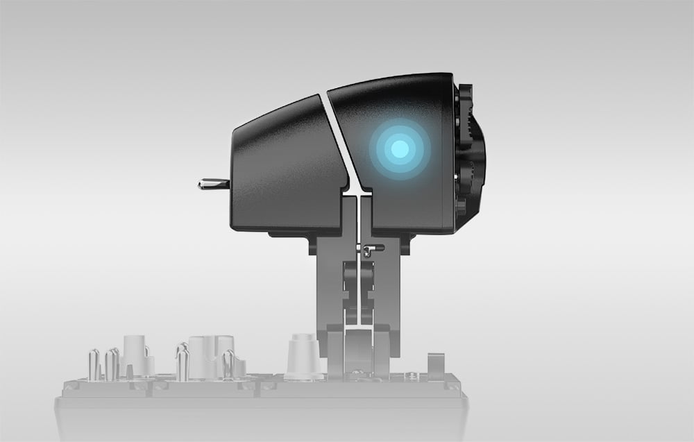 Widok boczny przepustnicy Moza MTP AS008 z podświetleniem oraz skalą zakresu dźwigni