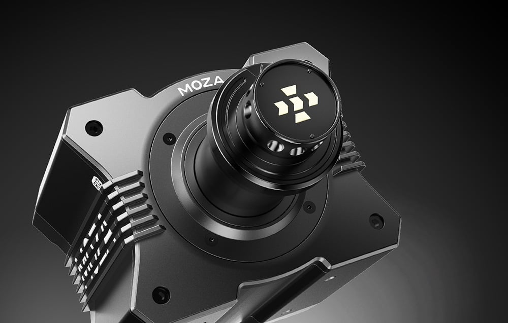 Baza kierownicy Moza Racing R12 V2 o aluminiowej konstrukcji na ciemnym tle
