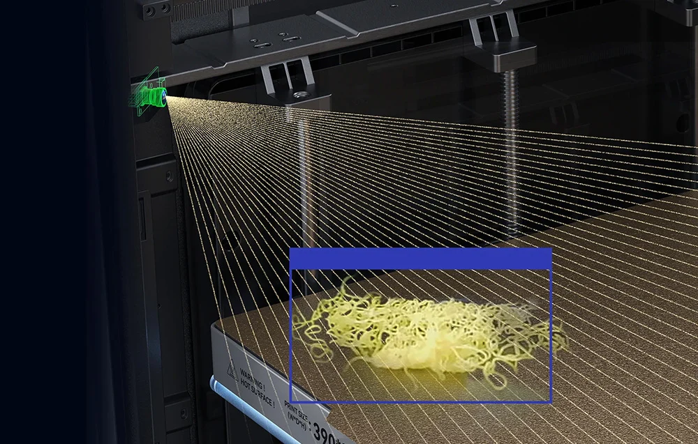 Schematyczny rzut systemu wizyjnego kamery AI wykrywającej usterkę i splątanie filamentu na stole roboczym.