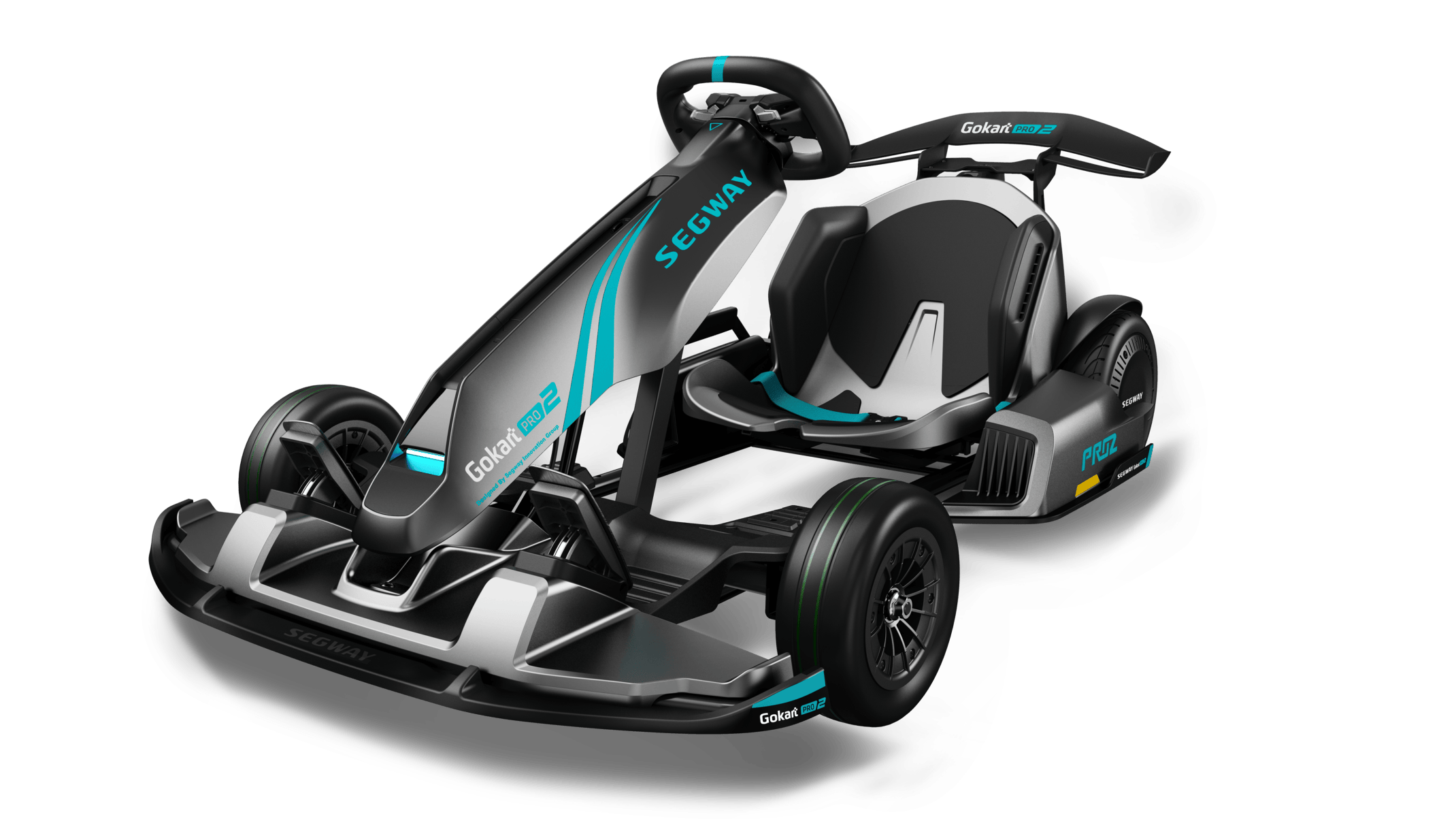 Czarny Gokart elektryczny Segway Gokart PRO 2 wyposażony w aerodynamiczny tylny spojler oraz sportową kierownicę.
