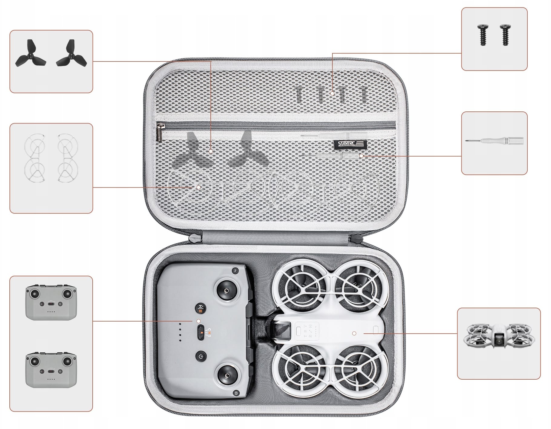 Wnętrze torby z widocznymi przegrodami na drona i kontroler