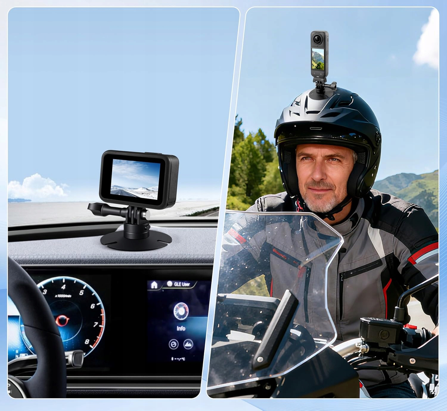 Uchwyt samoprzylepny zamontowany na czarnym kasku motocyklowym