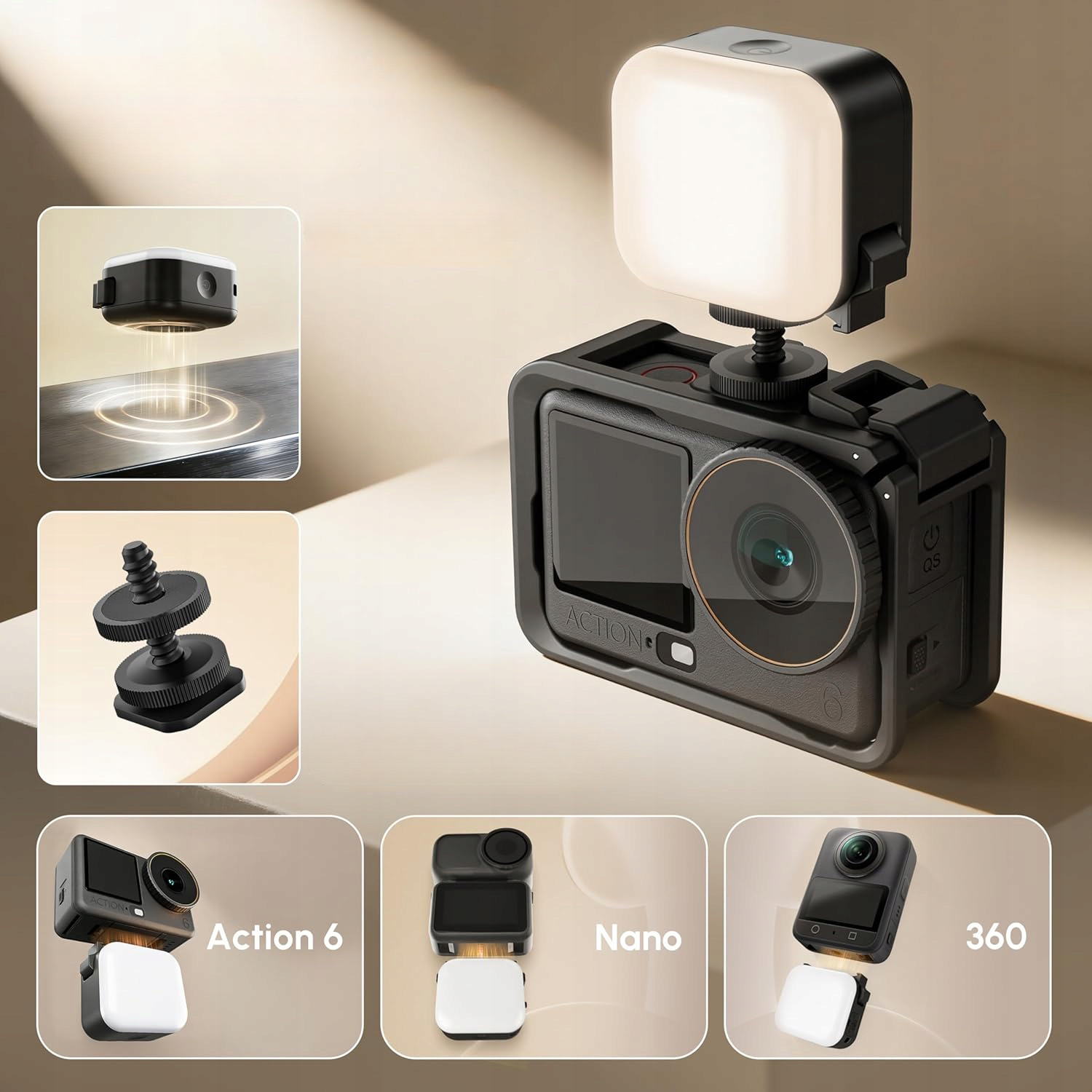 Montaż lampy LED na klatce stabilizującej smartfona i aparacie