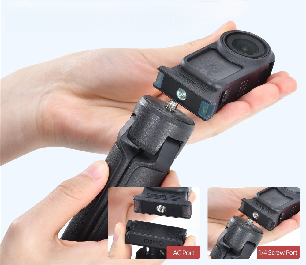 Kamera DJI Osmo Nano w ramce ochronnej zamontowana poziomo na statywie