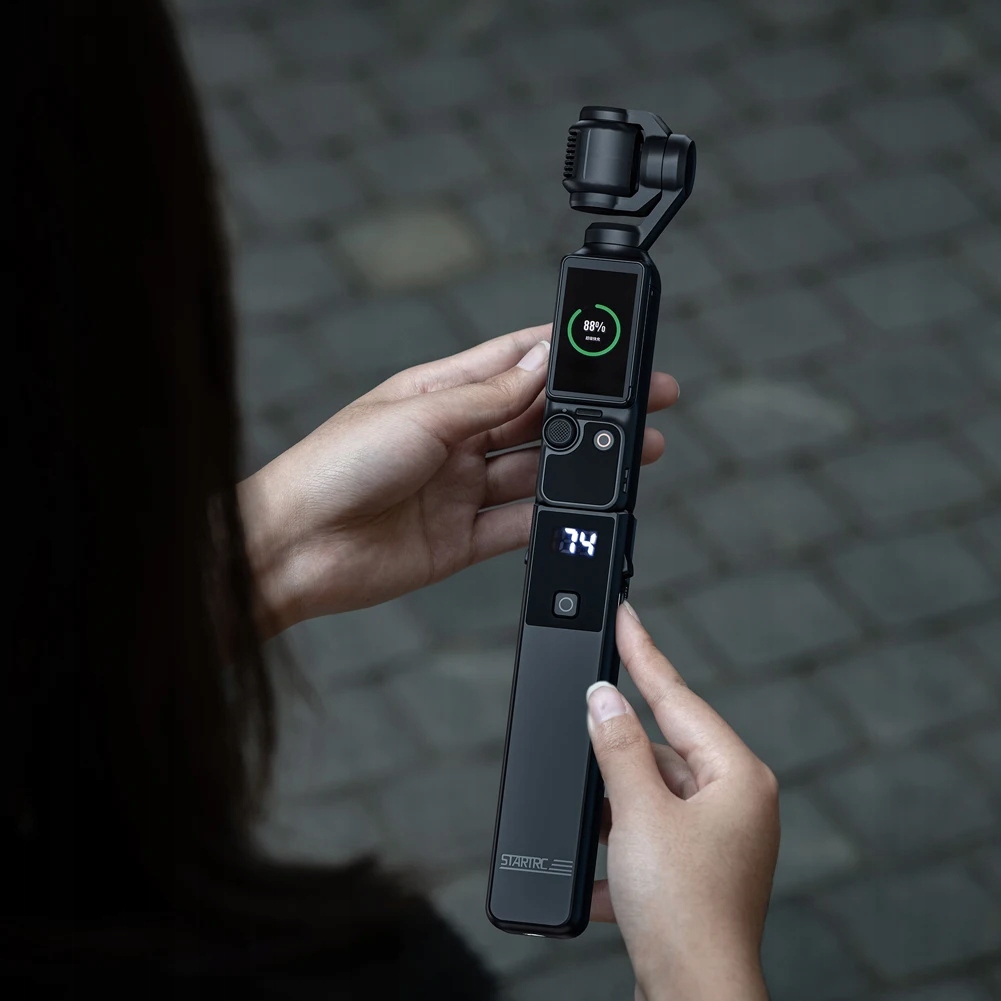 Uchwyt z power bankiem STARTRC 6000 mAh do DJI Pocket 3 – ergonomiczna, teksturowana rączka z blokadą mocowania.