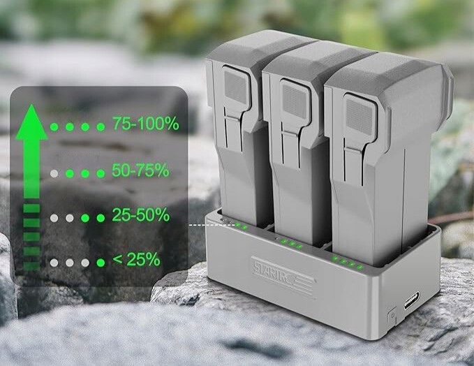 Stacja ładująca STARTRC 3w1 – pełne naładowanie trzech baterii 2453 mAh ok. 135 min lub 3850 mAh ok. 195 min.