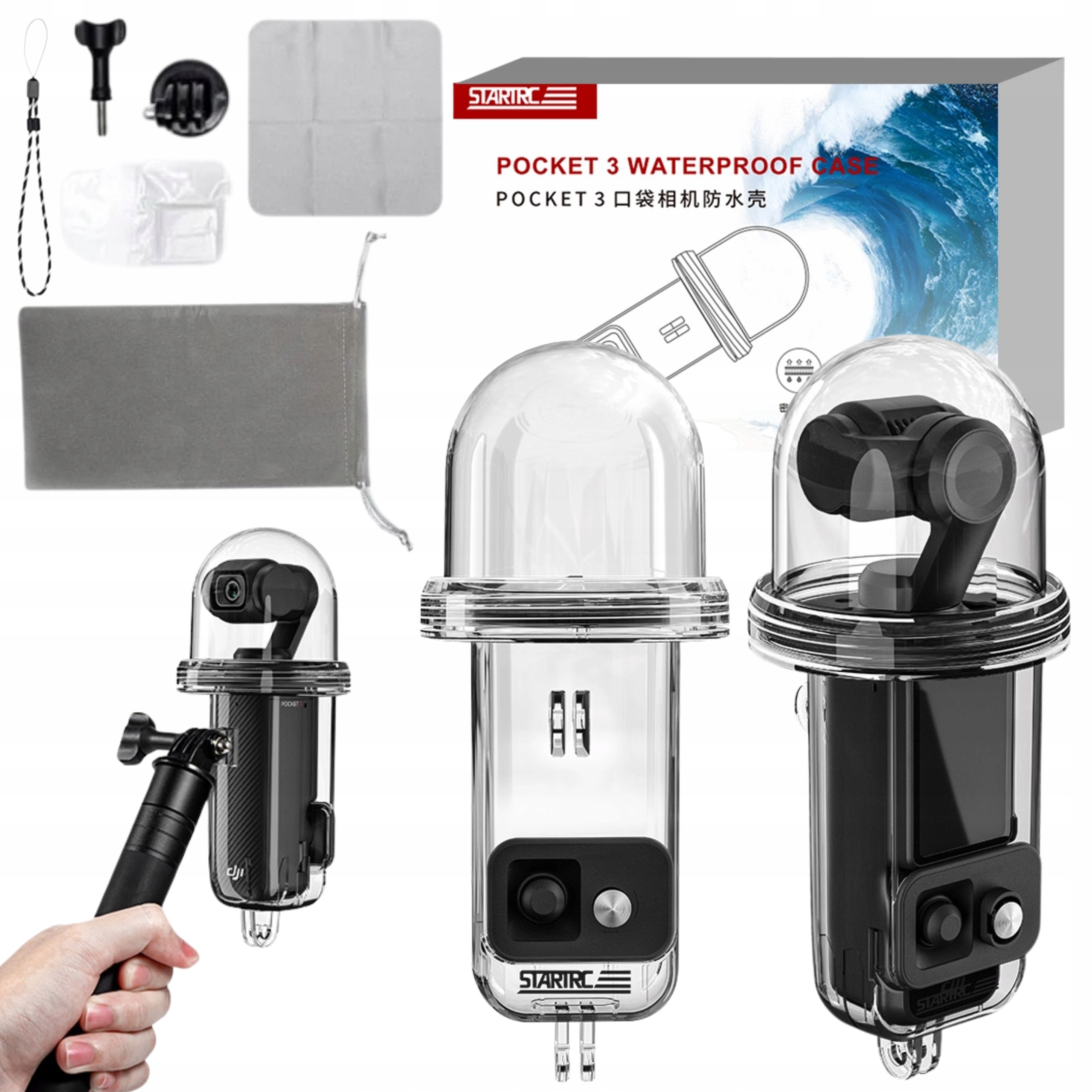 Wodoodporne podwodne etui STARTRC do DJI Pocket 3 – szczelna obudowa PC do nurkowania do 45 m z kopułkową, przezroczystą osłoną obiektywu.