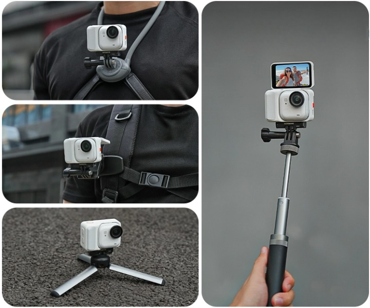 Zintegrowany gwint 1/4 cala oraz uchwyt dwubolcowy typu GoPro w adapterze Sunnylife.