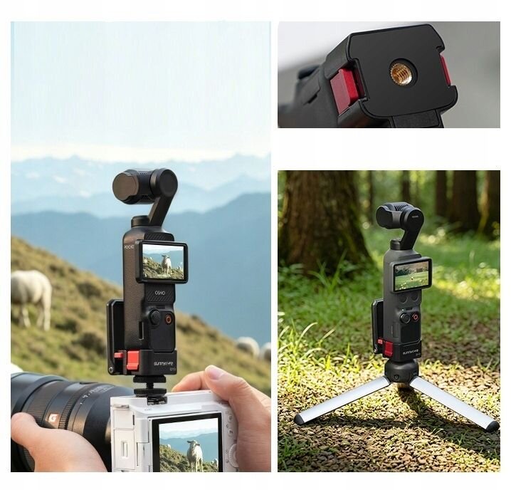 Mocowanie na gwint 1/4 cala połączone ze statywem i kamerą DJI Osmo Pocket.