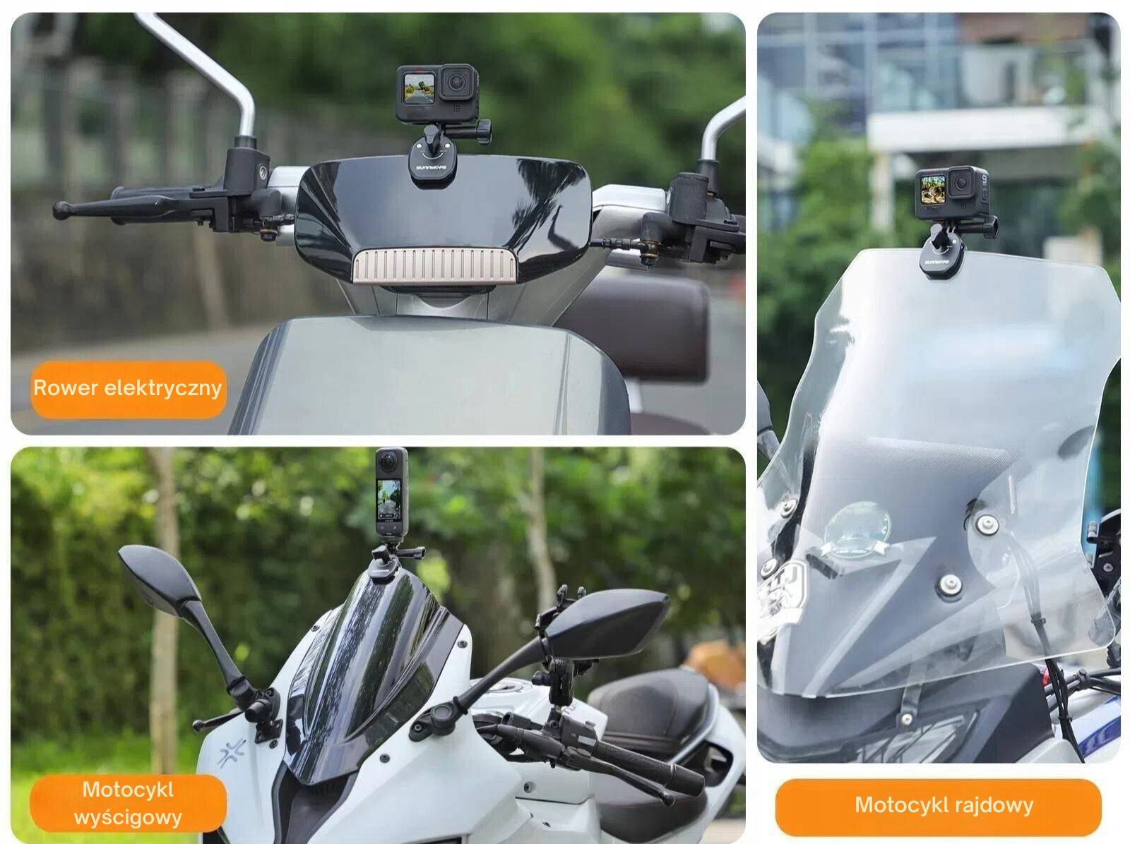 Motocyklista nagrywający dynamiczne ujęcia z jazdy za pomocą uchwytu Sunnylife zamontowanego na owiewce.