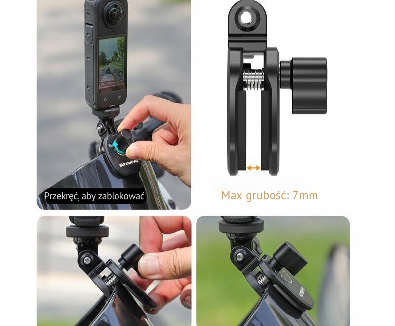 Katalog kompatybilności uchwytu z kamerami sportowymi takimi jak DJI Osmo Action, GoPro i Insta360.