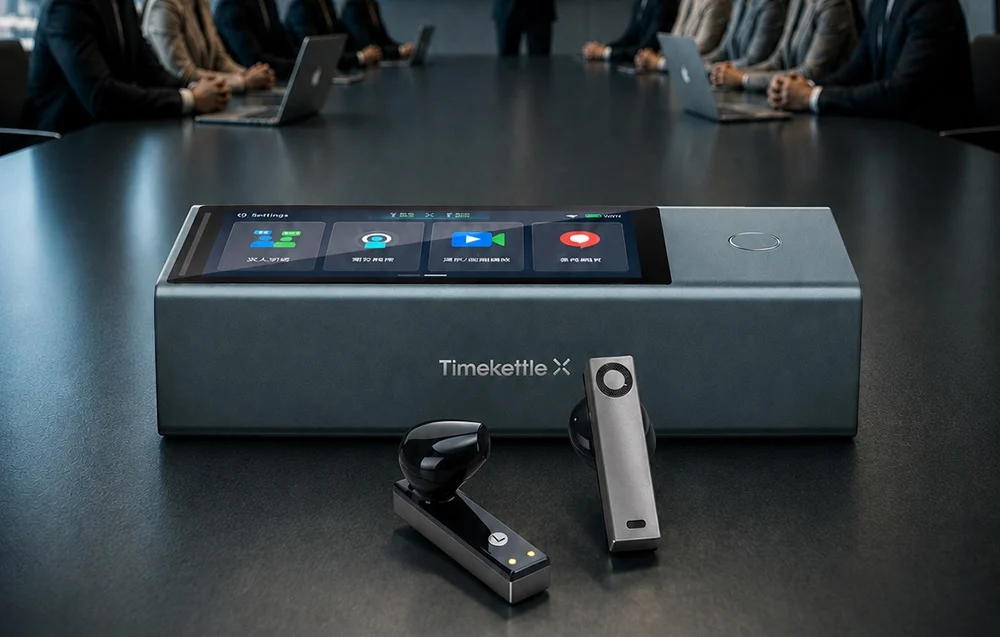 Dedykowane słuchawki z technologią przewodnictwa kostnego dołączone do translatora TIMEKETTLE X1.