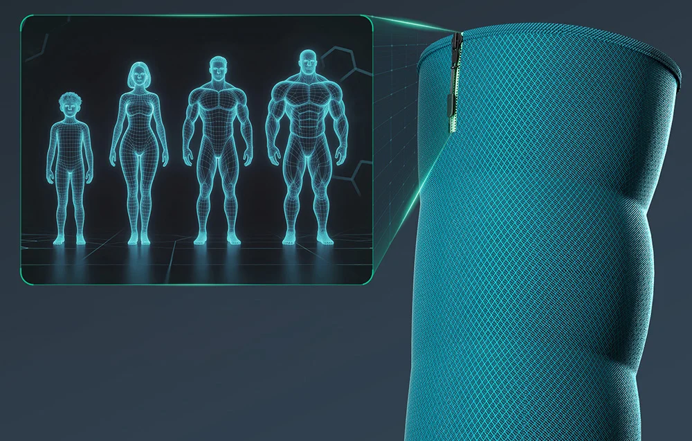 Turkusowy but do masażu UREVO UCRM003 z hologramem pokazującym sylwetki i strefy oddziaływania.
