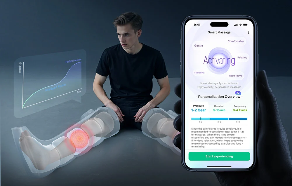 Mężczyzna w butach do masażu regeneracyjnego z uruchomioną aplikacją Smart Massage na telefonie.