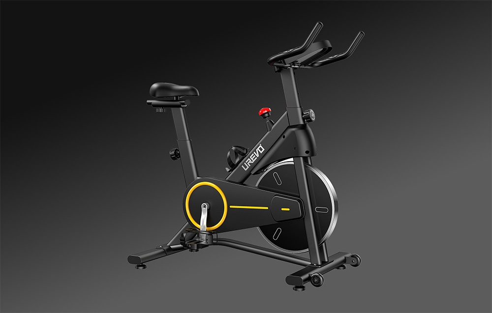 Rower stacjonarny UREVO T1 na ciemnym tle, zaprezentowany ze wszystkimi gotowymi elementami.
