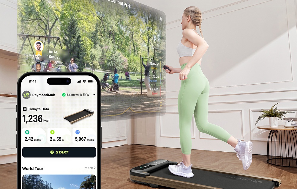 Ekran smartfona z aplikacją UREVO SmartCoach rejestrującą kluczowe postępy na bieżni.