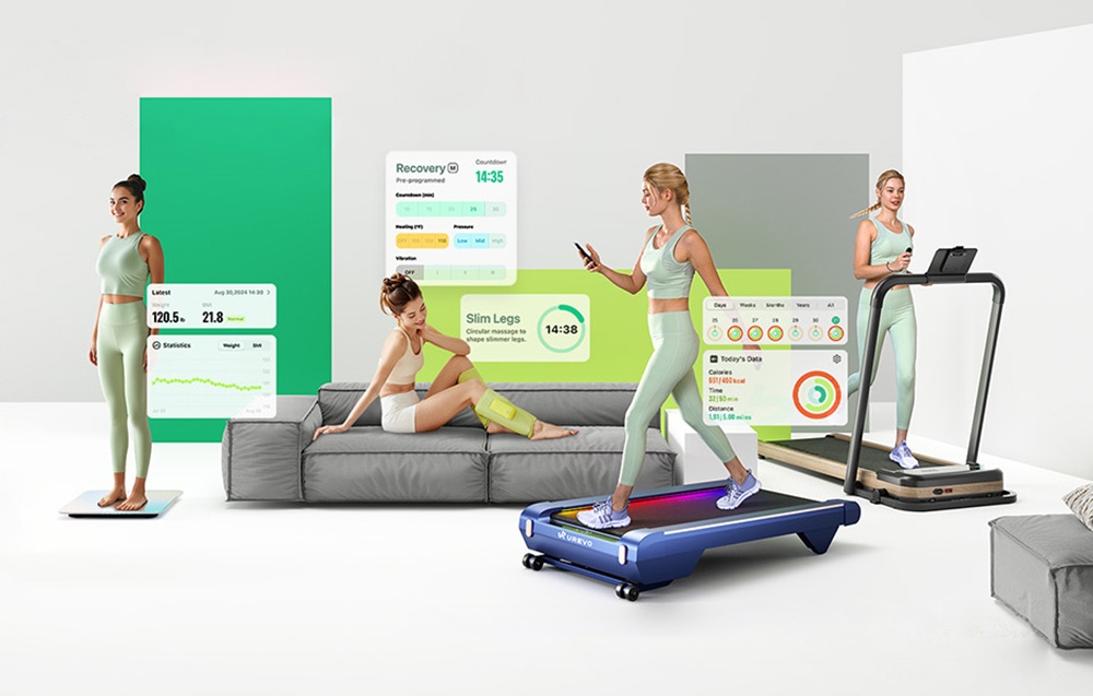 Interfejs aplikacji UREVO SmartCoach na smartfonie motywujący kobiety do różnych form aktywności.