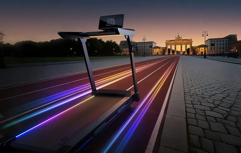 Czarna bieżnia elektryczna UREVO CyberMega z kolorowym podświetleniem bocznym na tle wieczornego miasta.