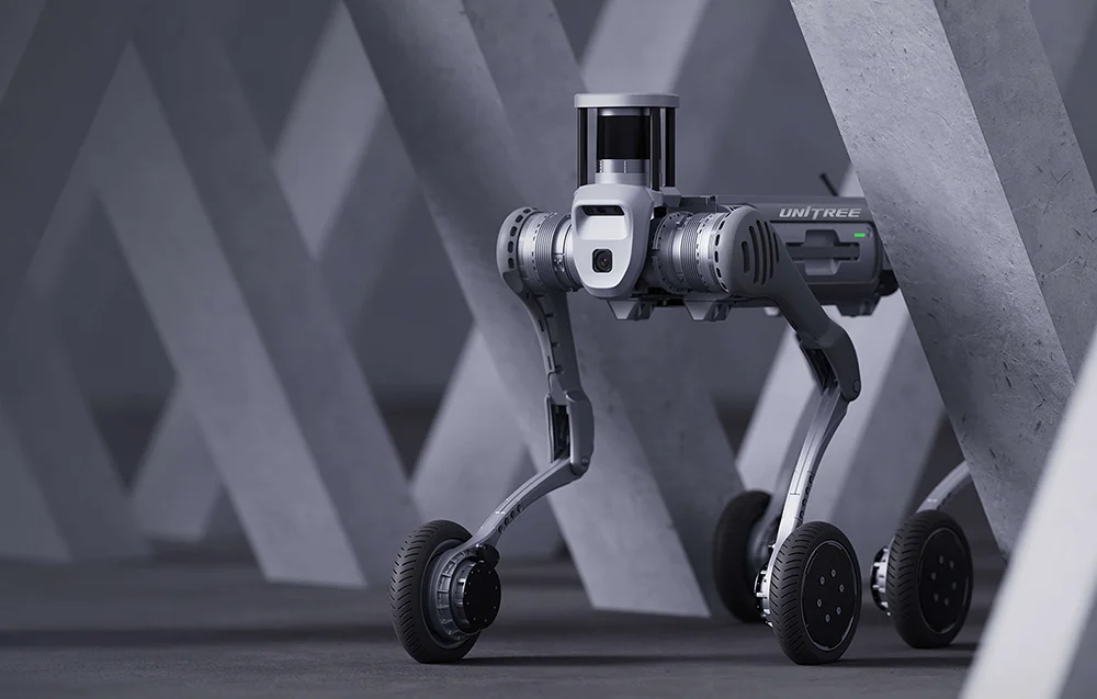 Unitree B2-W z LiDARem na tle skalnej ściany – wbudowany LiDAR 3D 32 linie i kamery do mapowania otoczenia.