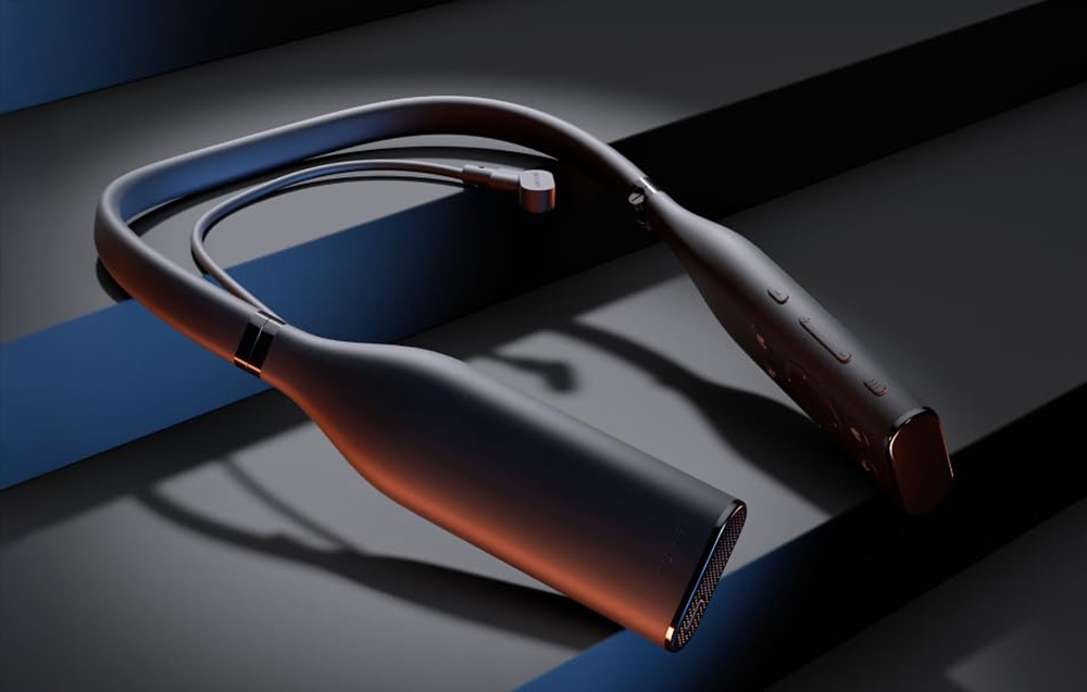 Opaska VITURE One Neckband prezentowana na białej scenie jako kompaktowe centrum XR do gier i multimediów