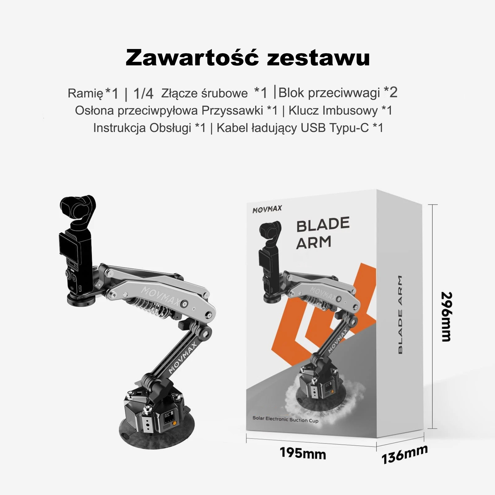 Elementy zestawu MOVMAX Blade Arm w pudełku