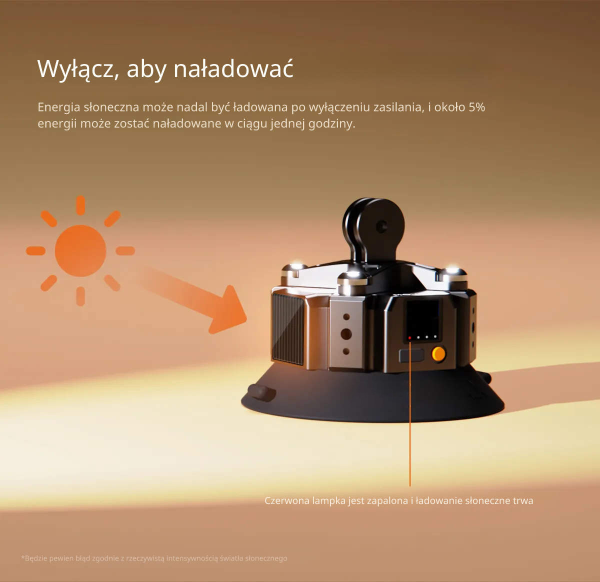 Panel solarny wbudowany w podstawę przyssawki MOVMAX