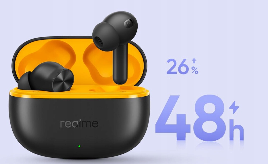 Kompaktowe, otwarte etui ładujące Realme Buds na czarnym tle