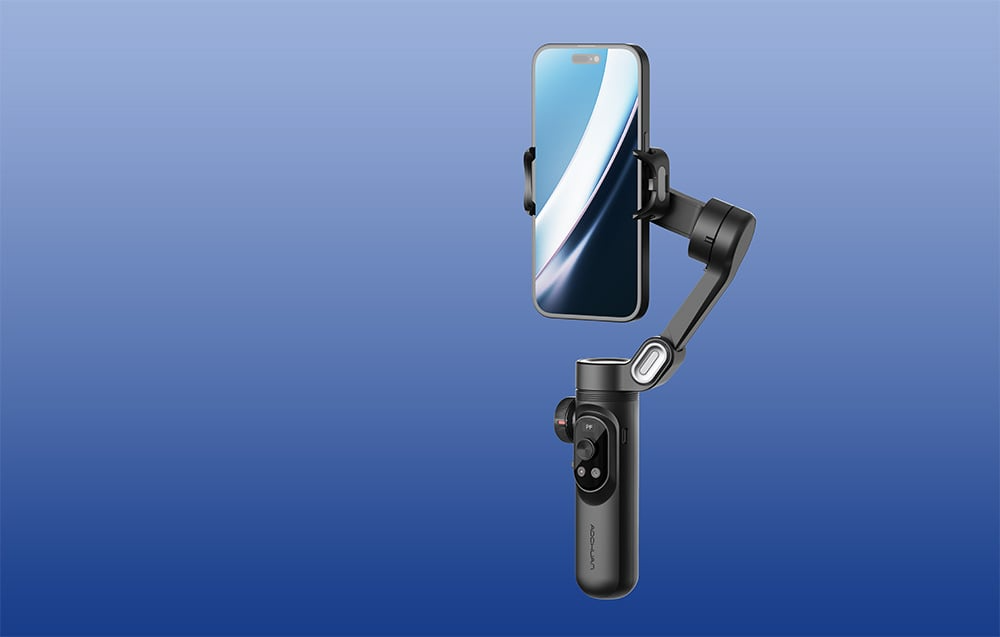 Czarny gimbal AOCHUAN Smart X Pro ze smartfonem ustawionym pionowo