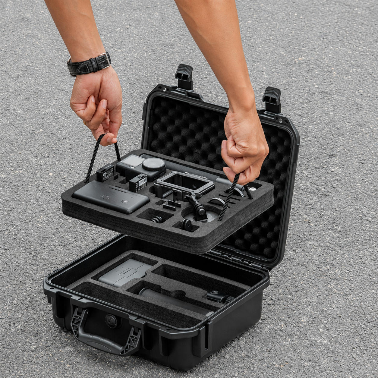 Górna komora walizki STARTRC z miejscami na DJI Osmo Action 6 i akcesoria