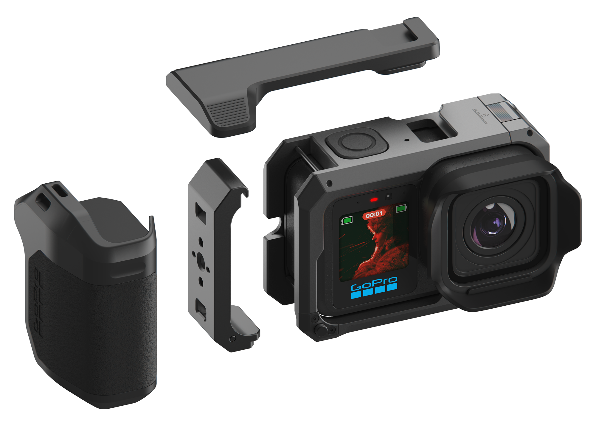 Zawartość zestawu GoPro MISSION 1 PRO Grip Edition z kamerą uchwytem akumulatorem i etui