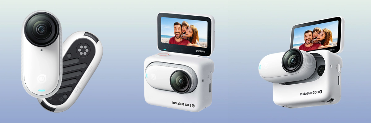 Biała kamera sportowa Insta360 GO 3S z różnych perspektyw