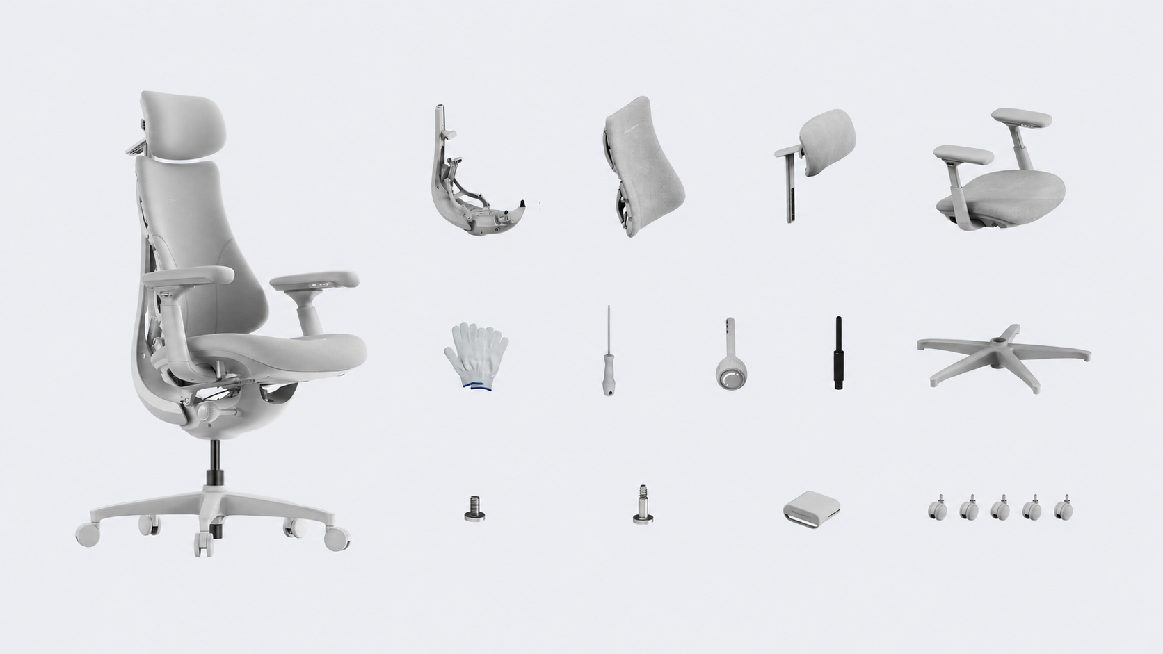Zawartość zestawu szarego krzesła ergonomicznego LiberNovo Omni Dynamic