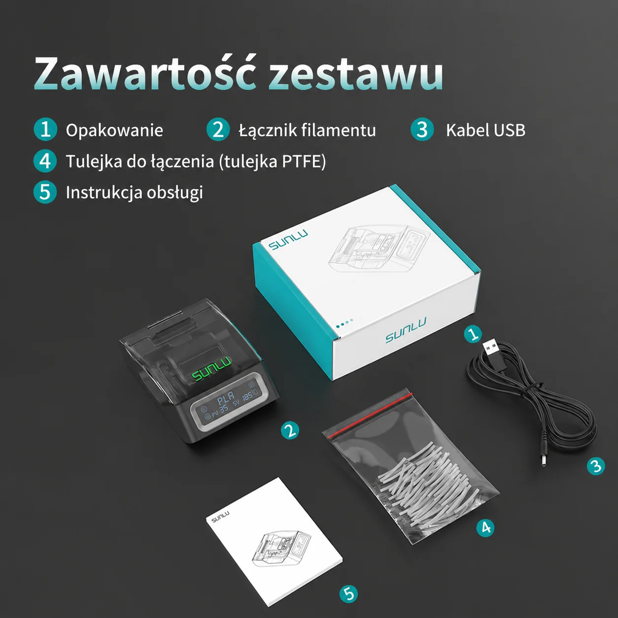 Zawartość zestawu systemu łączenia filamentu SUNLU FC01