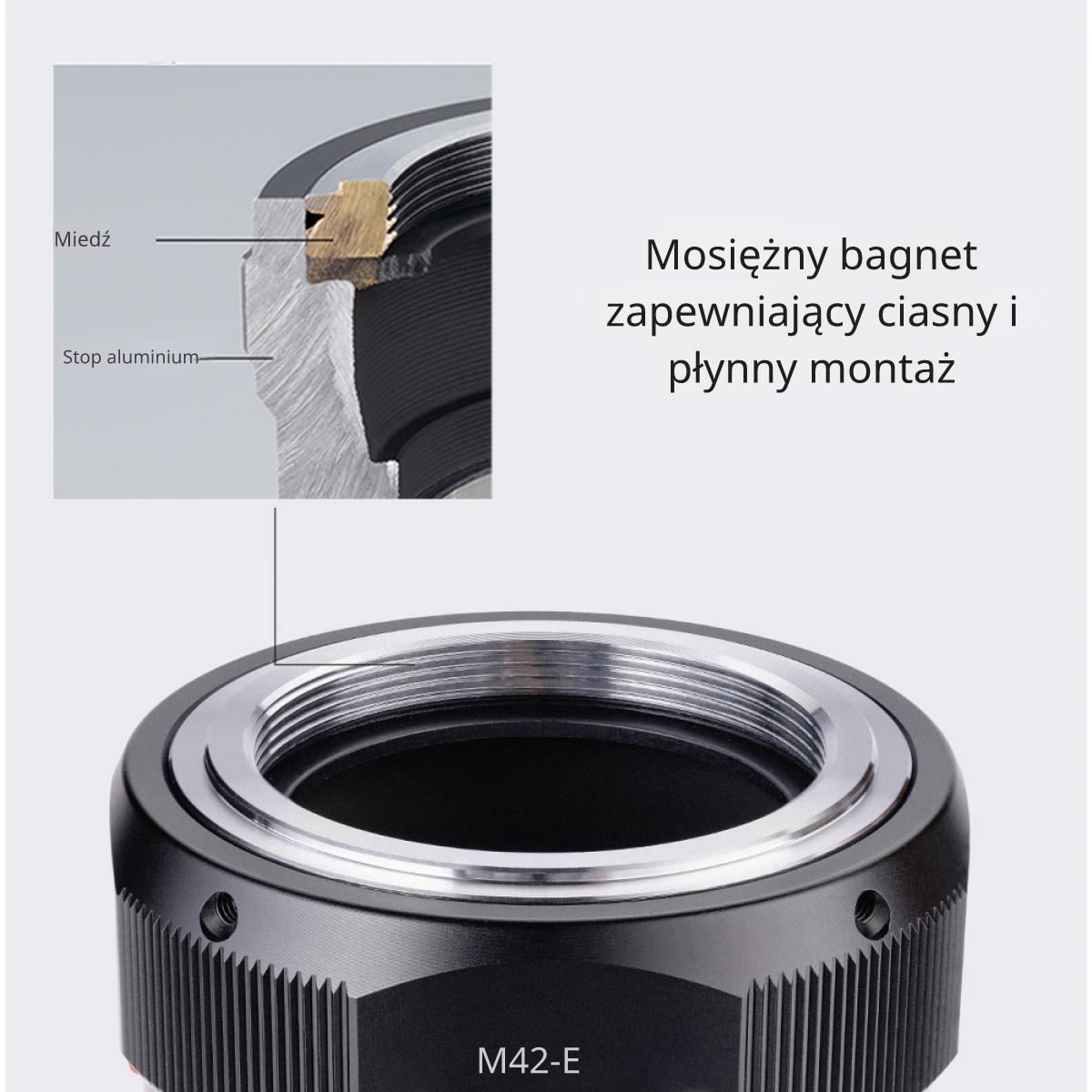 Metalowy adapter K&F Concept PRO M42 do Sony E wykonany z mosiądzu i aluminium