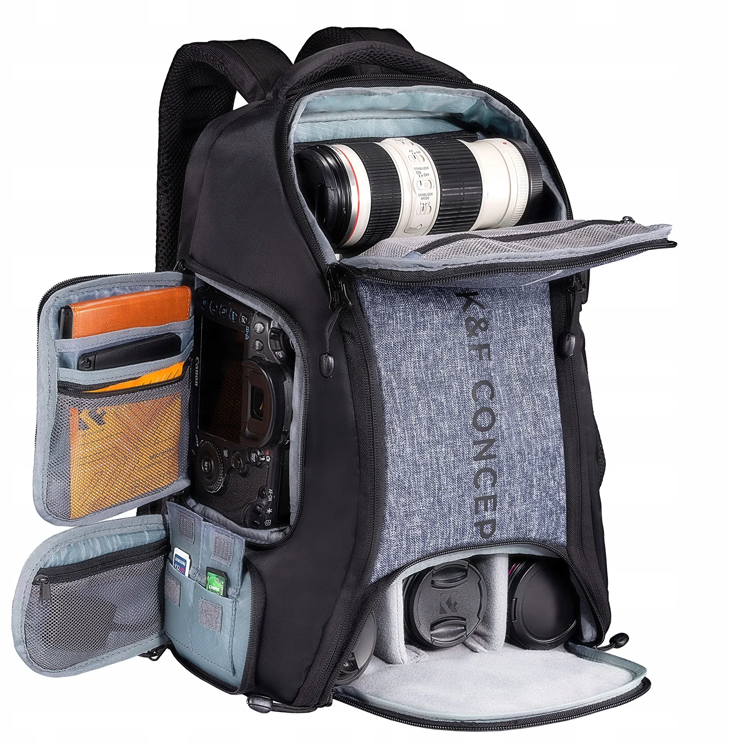 Boczny i przedni dostęp do wnętrza plecaka fotograficznego K&F Concept 25L