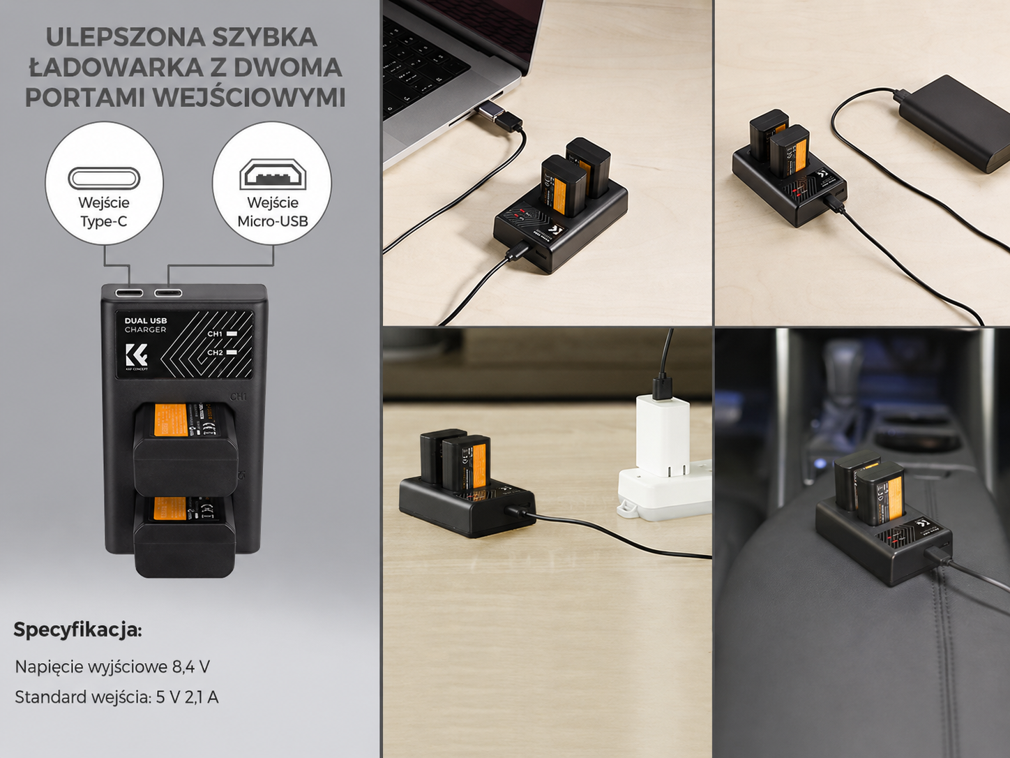 Ładowarka K&F Concept NP-FW50 z wejściem USB-C i Micro USB