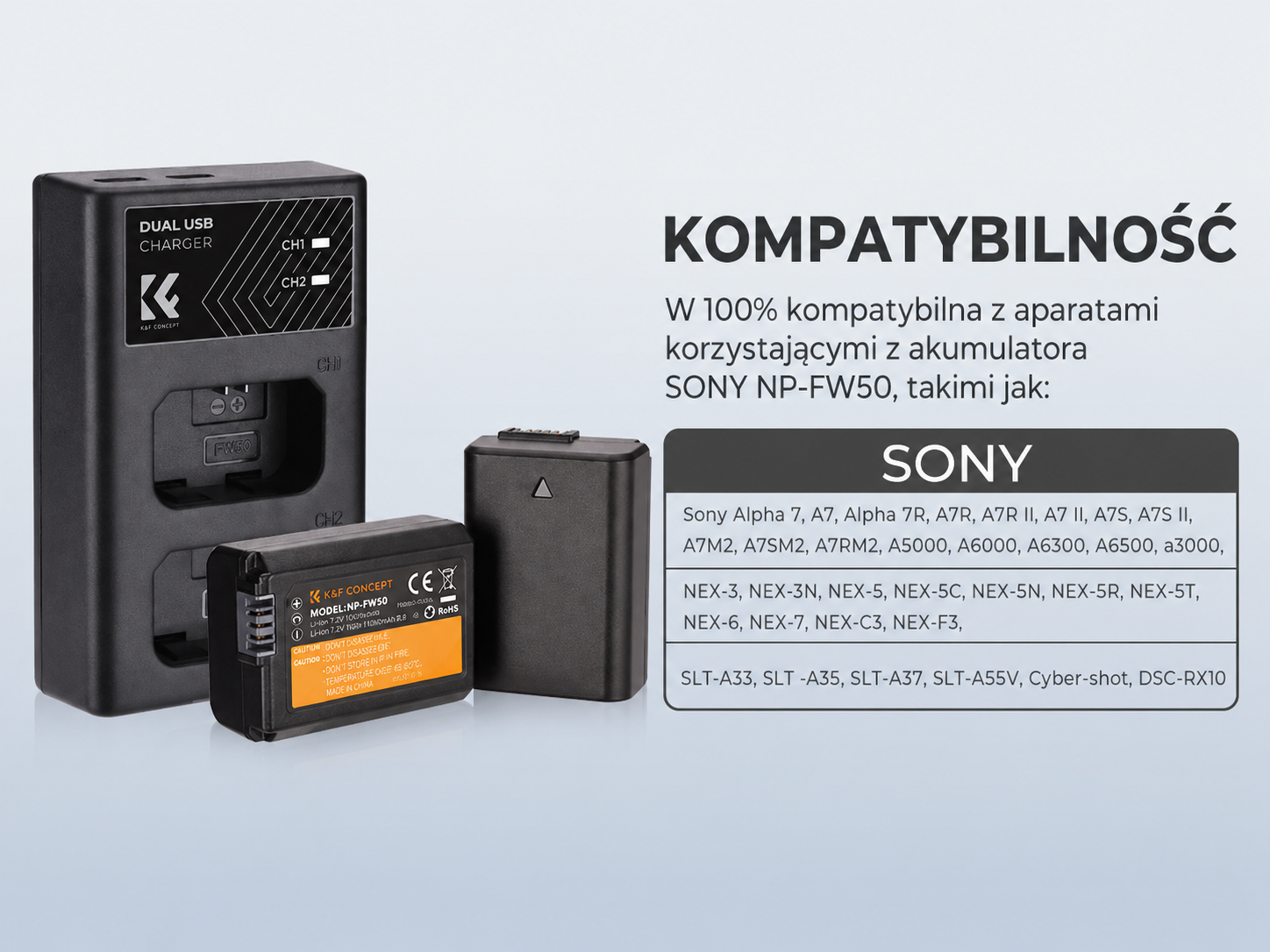 Ładowarka K&F Concept KF28.0009 kompatybilna z akumulatorami Sony NP-FW50 i aparatami Sony Alpha