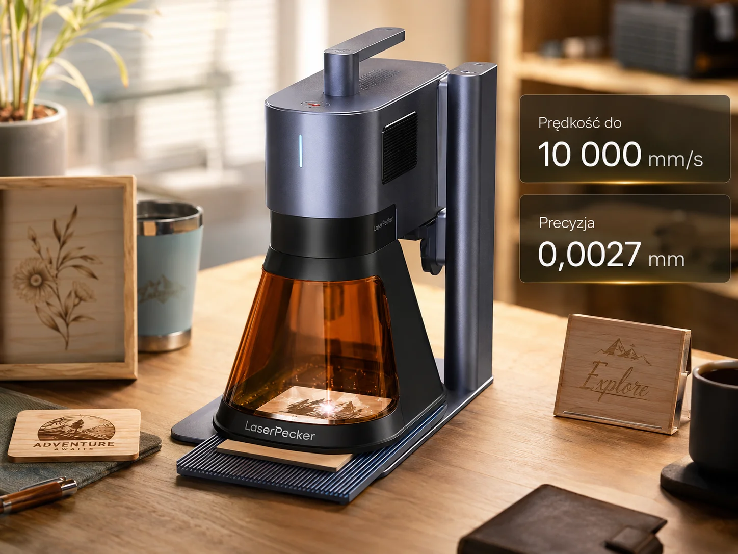 LaserPecker 5 Deluxe z prędkością roboczą do 10000 mm na sekundę i precyzją 0,0027 mm