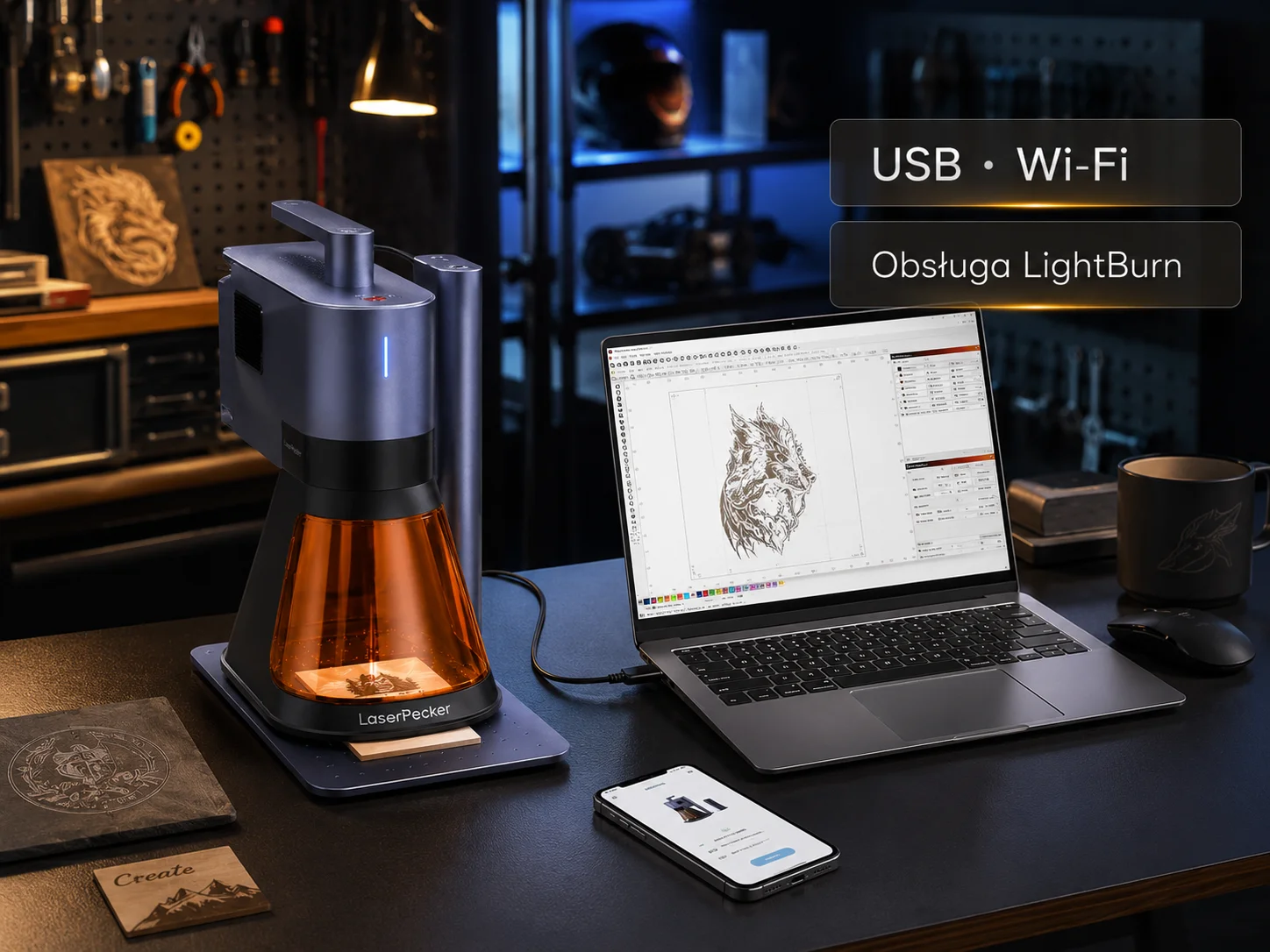 LaserPecker 5 Deluxe z łącznością USB Wi-Fi i obsługą LightBurn