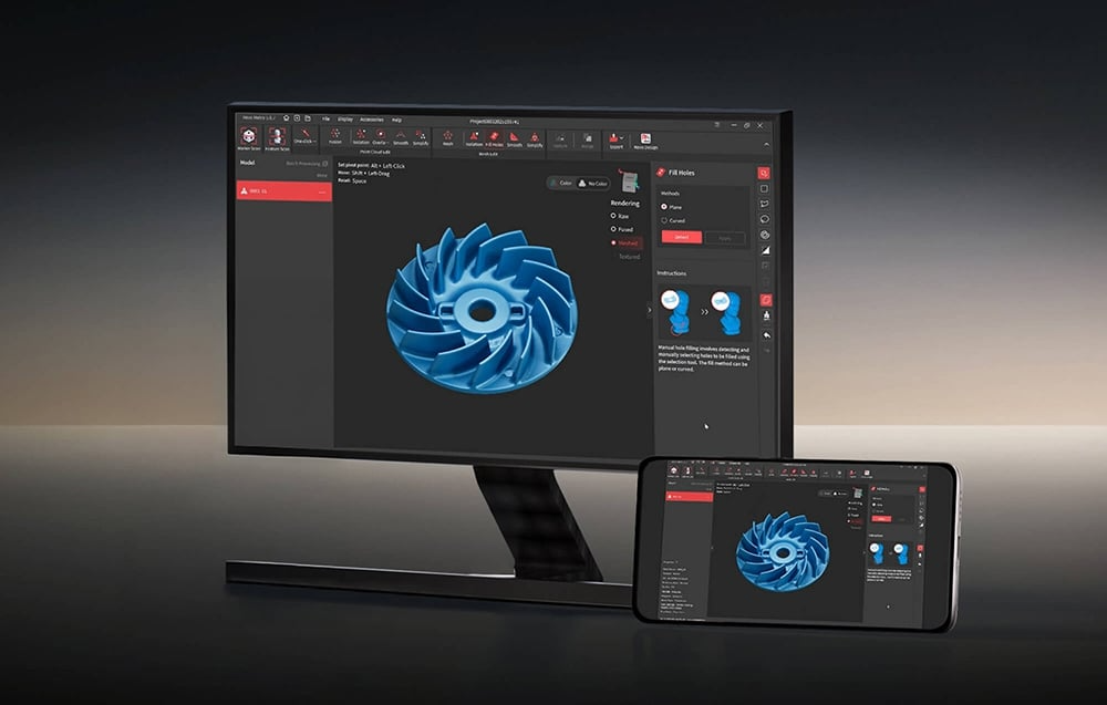 Model 3D wyświetlany na monitorze i tablecie ze skanerem MetroY Ultra