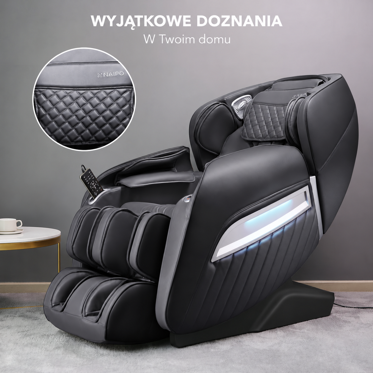 Fotel masujący NAIPO MGC-A350 w domowym wnętrzu