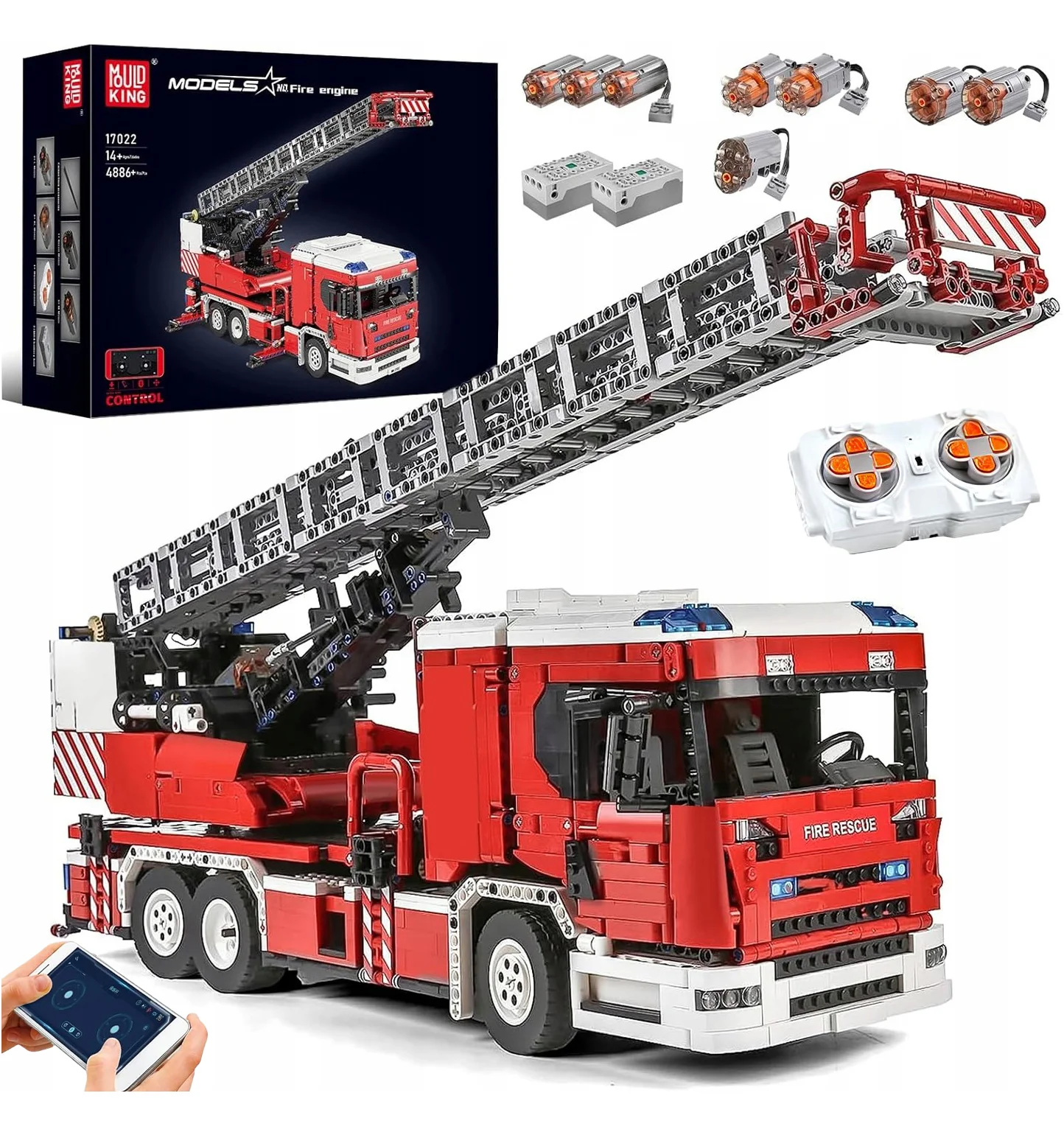 Klocki Mould King 17022S - zdalnie sterowany wóz strażacki + pilot RC - najważniejsze cechy