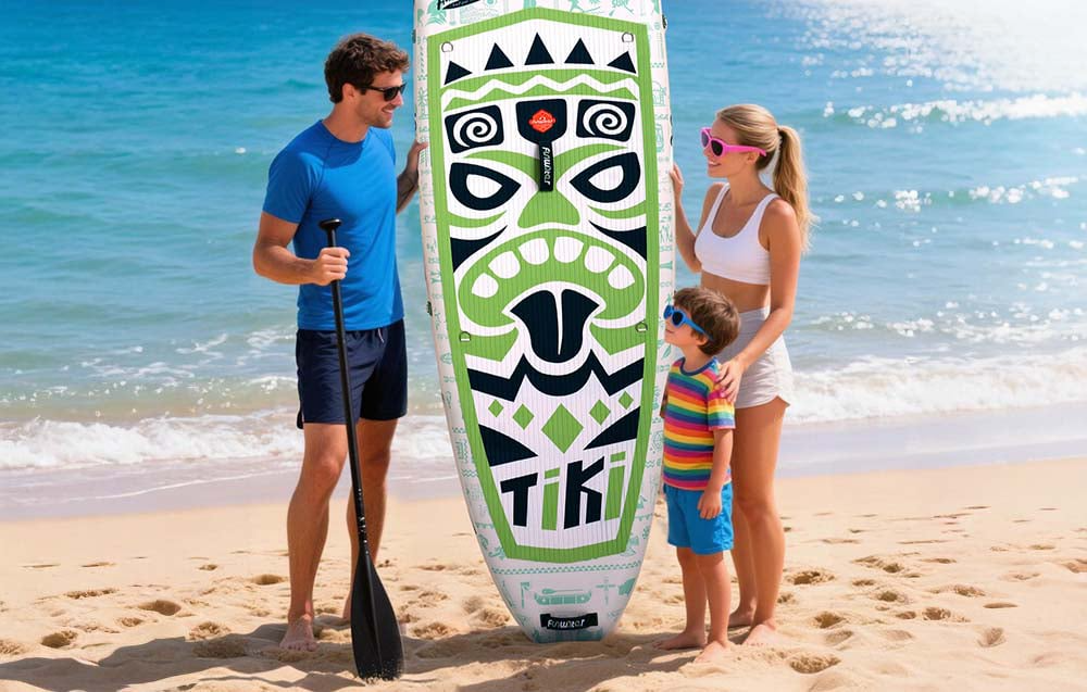 Rodzina na plaży z deską SUP FunWater Tiki i wiosłem