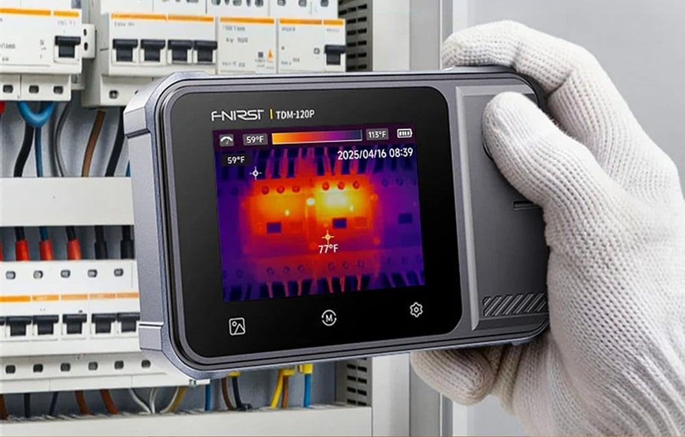 Kamera termowizyjna FNIRSI TDM-120 podczas diagnostyki bezpieczników w szafie elektrycznej