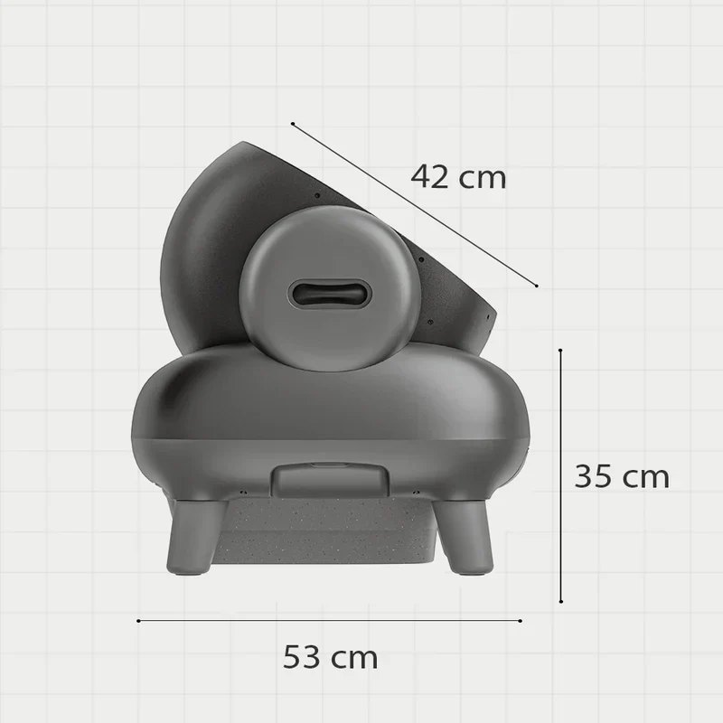 Wymiary kuwety Neakasa M1 z boku: głębokość 53 cm, wysokość wejścia 35 cm