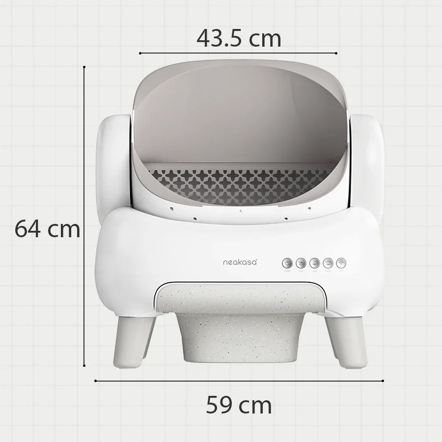 Wymiary kuwety Neakasa M1 Lite: wysokość 64 cm, szerokość 59 cm, otwór komory 43,5 cm