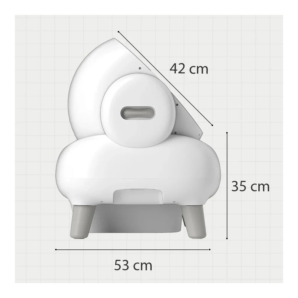 Wymiary kuwety Neakasa M1 Lite z boku: głębokość 53 cm, wysokość wejścia 35 cm