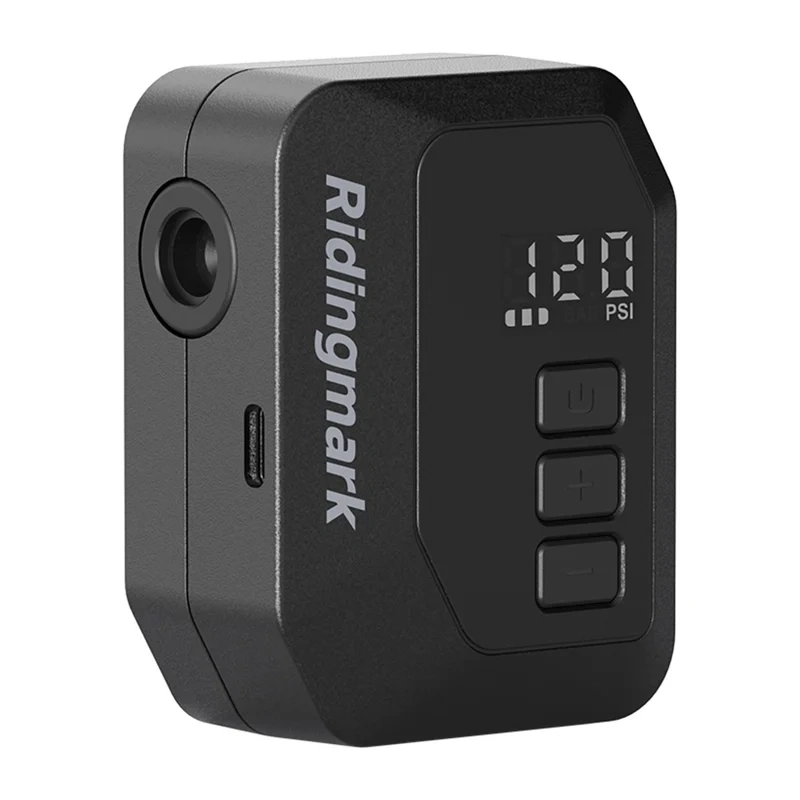 Czarna mini pompka elektryczna AS280PRO z wyświetlaczem pokazującym 120 PSI i trzema przyciskami, widok z przodu pod kątem.